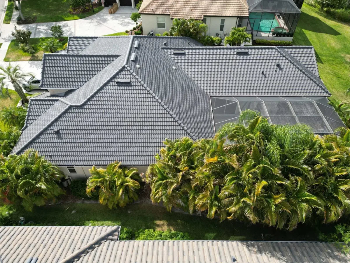 Dark tile roof replacement on a Sarasota, FL home — aerial view 3