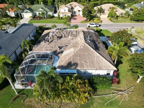 Tile Roof Replacement In Progress in Sarasota, FL — aerial view 1