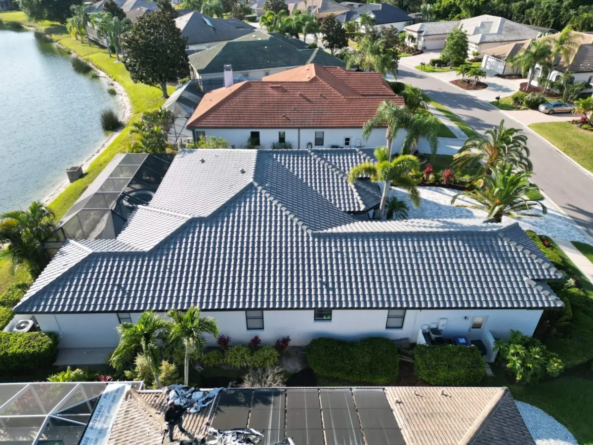 Tile Roof Replacement In Progress in Sarasota, FL — aerial view 2