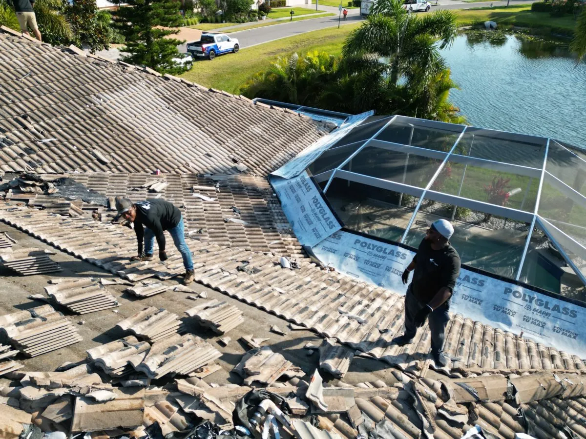 Tile Roof Replacement In Progress in Sarasota, FL — aerial view 3